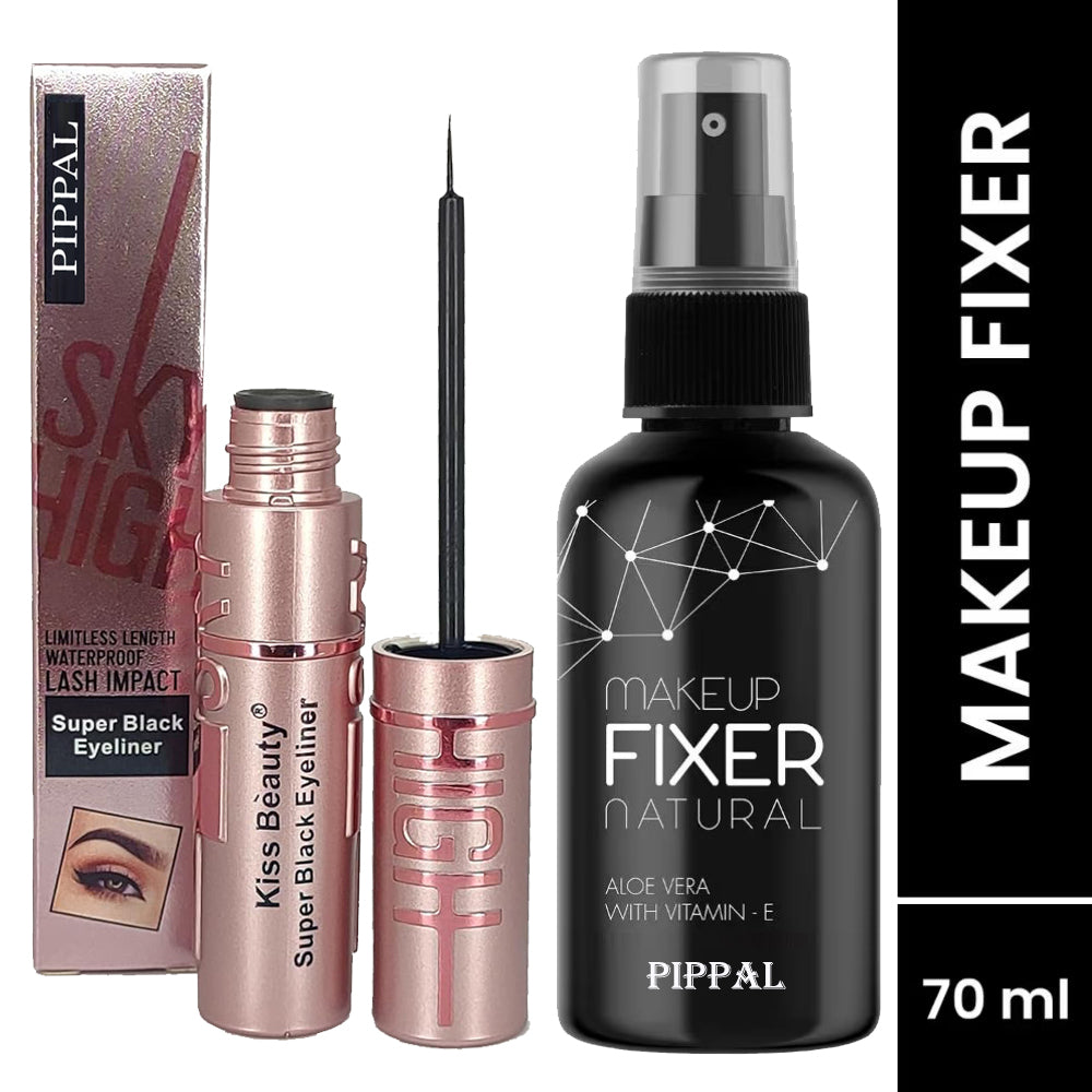 Pippal Beauty Makeup Fixer Natural Dewy Finish with Vitamin E And Aloe Vera Long-Lasting Hydrating & Refreshing Setting Spray 80ml (Pack of 1) with Sky High Supar Black Eyeliner