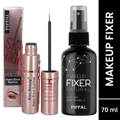 Pippal Beauty Makeup Fixer Natural Dewy Finish with Vitamin E And Aloe Vera Long-Lasting Hydrating & Refreshing Setting Spray 80ml (Pack of 1) with Sky High Supar Black Eyeliner